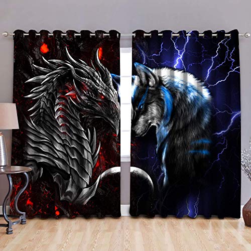 Red Dragon & Blue Wolf Grommet Window Curtain Drapes 3D Animal Pattern Window Drapes 2 Panels Curtains for Kid Adult Living Room Laundry Bedroom