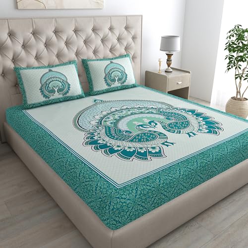 Image of Rajasthani Jaipuri Sanganeri Printed 144 TC 100% Cotton Bed Sheet Set for Double Bed,Double Peacock Pattern, Double Bedsheet Cotton with 2 Pillow Covers
