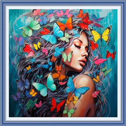 Image of Findvoor Stamped Cross Stitch Kits for Beginners Full Range of Cross Stitching Embroidery Pattern for Adults, 11CT DIY Needlepoint Embroidery Starter Kits-Butterfly Girl 17.7x17.7 inch