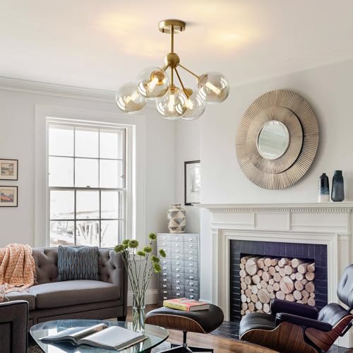 Image of KCO Lighting 5-Light Amber Glass Globe Chandelier Brush Gold Semi Flush Mount Ceiling Light Mid-Century Modern Close to Ceiling Light for Living Room Bedroom Foyer (5-Light)