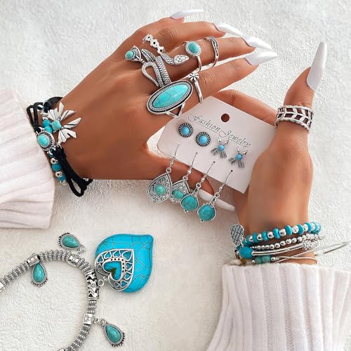 KISS WIFE Western Jewelry Set for Women, Turquoise Vintage Silver Western Necklaces Bracelets Earrings Rings Bohemian vacation Beach Jewelry Sets Gifts for Women4