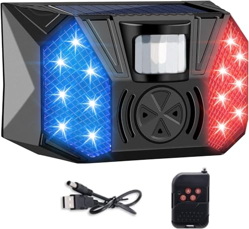 AMZSTAR Solar Strobe Alarm Light,129db Outdoor Alarm Waterproof 4 Modes Solar Motion Detection Strobe Light Safety Siren with Remote Control for Farms, Yards, Orchards, Villas (1Pack)