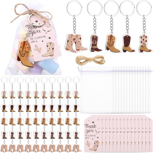 Equsion 50 Sets Western Cowboy Party Favors for Guest Brown Acrylic Cowboy Boot Keychain with White Organza Bags and Thank You Tags for Wedding Birthday Baby Shower Party Supplies
