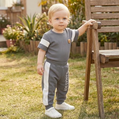 Image of Babieshouse Newborn Baby Boy Clothes Mamas Boy Bear Embroidery Long Sleeve Romper Pants Set Fall Winter Outfits 3-18 Months