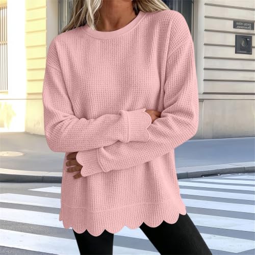 Womens Oversized Scalloped Sweatshirt Long Sleeve Waffle Knit Tops - image 2