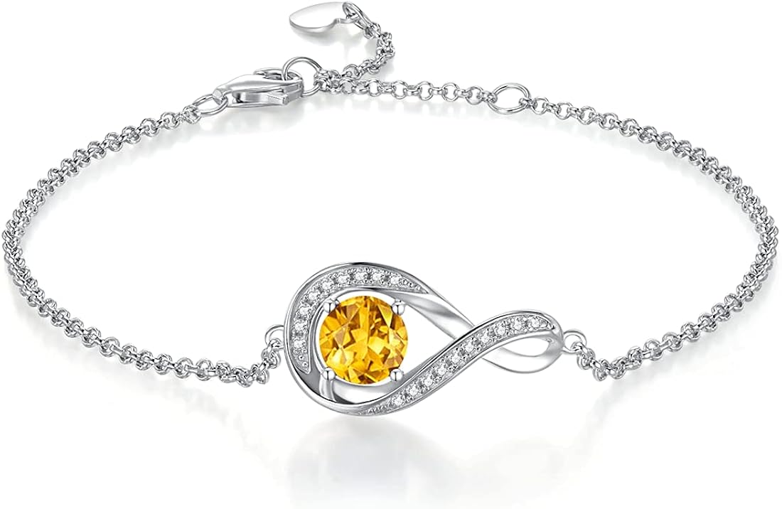 GEMLANTO 925 Sterling Silver Bracelet Infinity Created Citrine November Birthstone Link Bracelets for Women Dainty Birthday Anniversary Jewellery Gifts for Her Mum Adjustable Chain 17+1.5+1.5CM