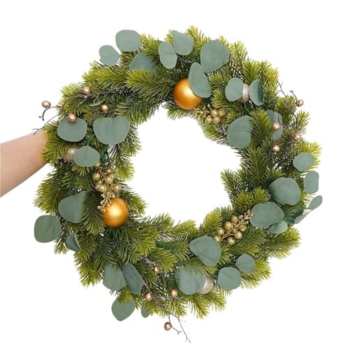 Bola dorada artificial verde planta pino aguja ratán corona ventana decoración Navidad colgar pared