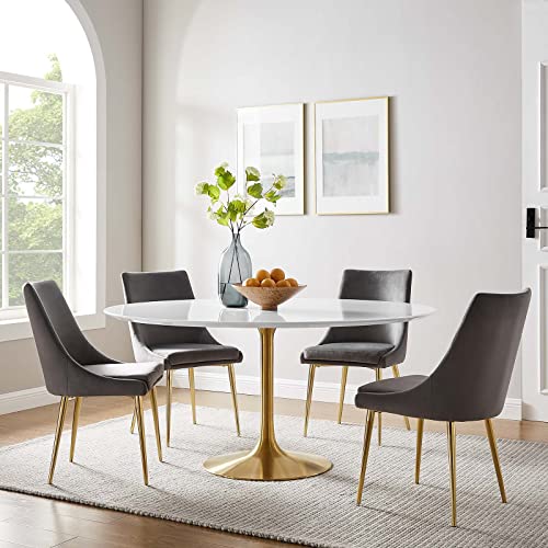 Image of Modway Lippa 60 inch Mid-Century Modern Dining Table with Round White Top and Pedestal Base in Gold White