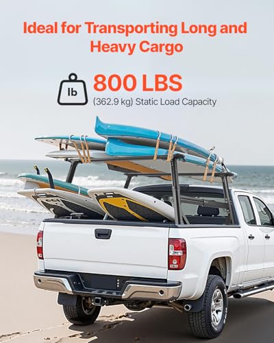 Image of VEVOR Truck Ladder Rack, 21-31.5 in Height, Adjustable Non-Drilling Aluminum Cargo Rack with Sidebar, 800 lbs Static Capacity, Ideal for Canoes, Surfboards, Ladders, Lumber, Tents, and Large Cargo