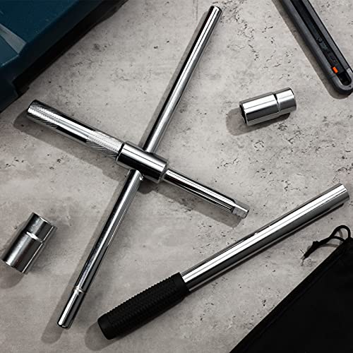 Image of 4 Way Lug Wrench Heavy Duty Telescoping Lug Nut Wrench Universal Extended Lug Wrench Cross Tire Iron Remover with CR-V Sockets,17 / 19 / 21 / 23 mm and Black Flannelette Bag for Car Van Truck Caravan
