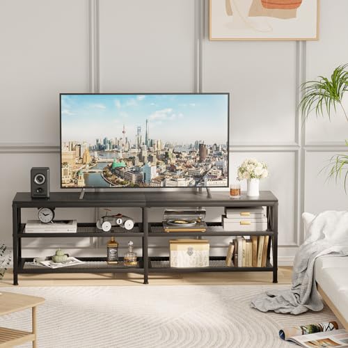 Image of 63 inch TV Stand for TVs up to 70 Inch with 3-Tier Storage Shelves | Black Modern 63 inch Long Industrial TV Console Table, Entertainment Center for Living Room, Bedroom