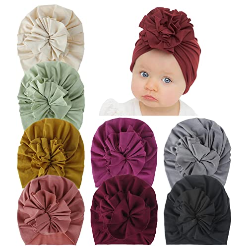 inSowni 8 Pack Solid Cotton Nursery Hospital Turban Hats Caps Beanies Bonnets with Flower for Baby Girls Toddlers Newborns Infants Kids