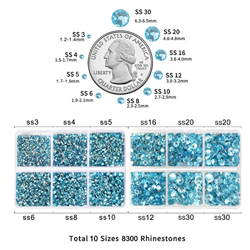 Image of Beadsland 8300PCS Flatback Rhinestones, Blue Rhinestone Round Crystal Rhinestones for Crafts, Mixed 10 Sizes with Wax Pencil and Tweezer Kit, SS3-SS30, Aquamarine