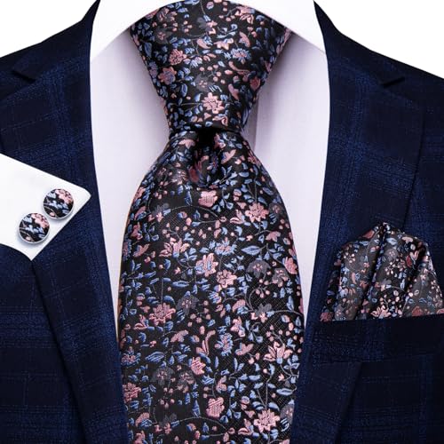 Image of Hi-Tie Paisley Floral Ties Set for Men Silk Mens Stripes Necktie Pocket Square Cufflinks Set Formal Business