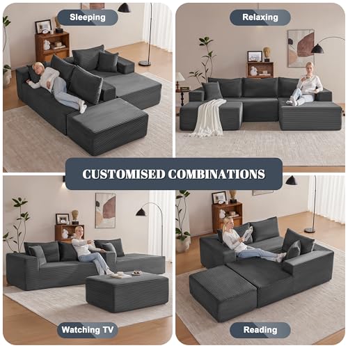 Image of Mangodan 110 inch Cloud Sectional Couch, Boneless Sofa for Living Room, Modular Sectional Sofa with Deep Seat, Comfy Fluffy U-Shaped Couch with Right-Facing Chaise, No Assembly Required, Grey