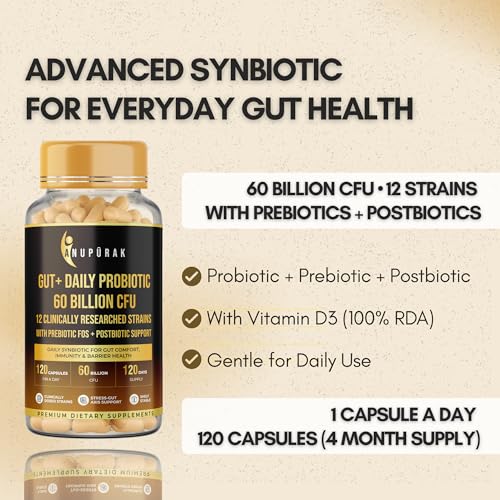 Image of Gut Health Probiotic 60 Billion CFU - 12 Strains Synbiotic | Postbiotic + FOS & GOS Prebiotics | Supports Digestion, Gut Flora & Immunity | Daily Gut Balance Supplement | 120 Capsules (120 Days)