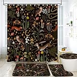 4Pcs Fairy Rustic Forest Shower Curtain Sets, Boho Mushroom Woodland Wild Animals Bathroom Decor with Non-Slip Rugs, Toilet Lid Cover and Bath Mat, Waterproof Shower Curtains with Hooks, 72 x 72 Inch