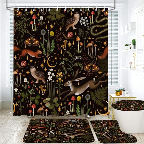 4Pcs Fairy Rustic Forest Shower Curtain Sets, Boho Mushroom Woodland