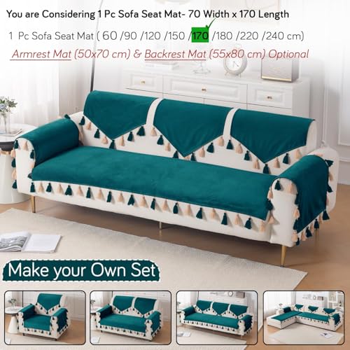 Image of HOKIPO Sofa Cover Mat with Tassel for 1 /2 /3 Seater & L Shape Sofa | DIY Sofa Cover Set | Dyed Holland Velvet | 'TasselTone Series' 70(W) x 170(L) cm |Teal (NEW-IN-1108-TL)