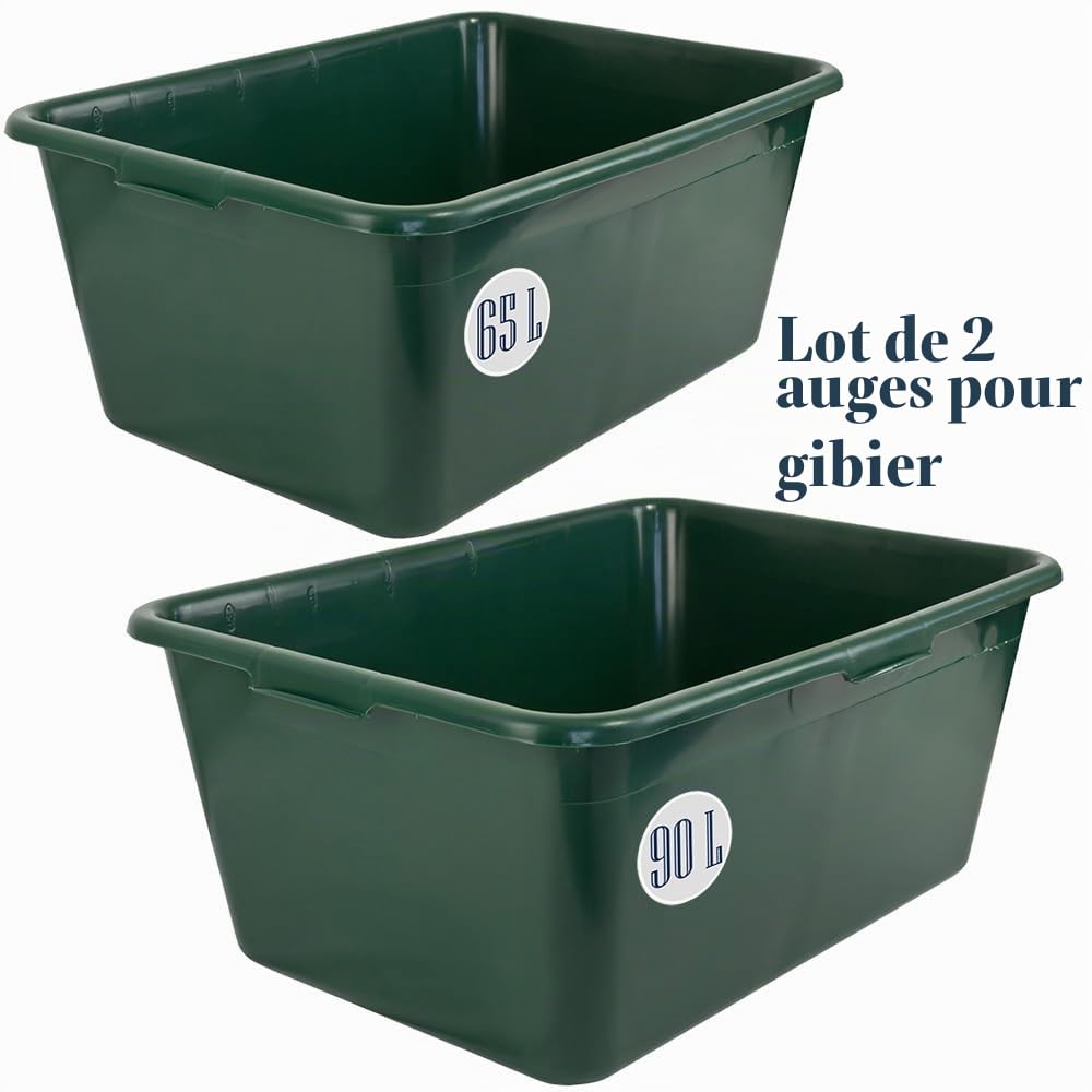 Petigi Set de 2 Bac à Gibiers Baignoire Cuvette Chasser Plateau d'alimentation 65L + 90L Vert Plastique
