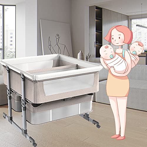 Cuna para dormir 3 en 1 para gemelos, cuna para bebé, cuna Bebe,Cuna Con Canasta De Almacenamiento, cuna portátil de altura ajustable con ruedas y malla de flujo de aire,Para Bebé/mascotas ( Color : K