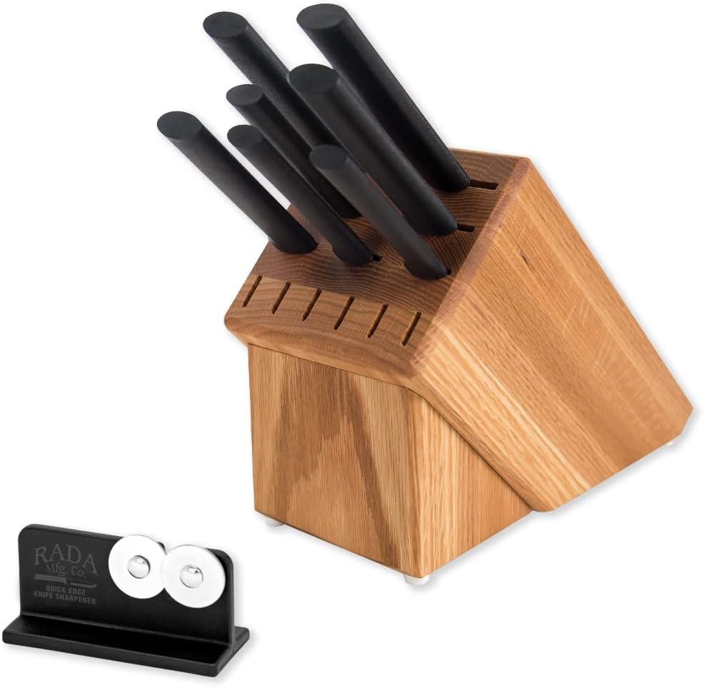 Rada Cutlery Essential Oak Block Set (S58) with Quick Edge Sharpener (R119), 8-Piece Block Knife Set and Knife Sharpener, Stainless Steel Blades, Silver Handle
