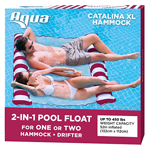 two person float - Aqua 2-in-1 Catalina XL Pool Float & Hammock – 1-2 Person, Multi-Purpose, Inflatable Pool Floats for Adults – Burgundy/White Stripe