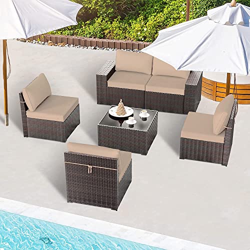 Grezone 6 Pieces Patio Outdoor Furniture Sets All Weather Wicker Sectional Sofa Couch Lawn Sectional Furniture With Washable Couch Cushions And Wicker Table (Cream) #TOP5