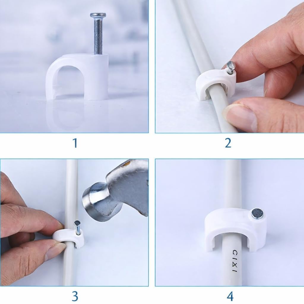 CLAMPON 6mm Cable Clips β Pack of 100 | Round Wire Clamps with Metal Nails for Wall-Mounted Cable Management and Cord Organization (Suitable for Cat 6, LAN, CCTV, and Other 4-Core Wire Cables) 2