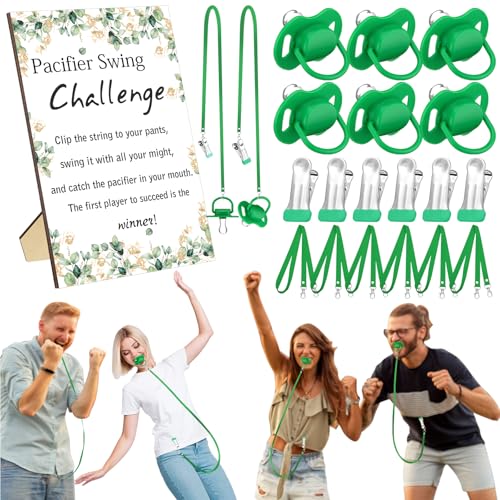 Geelin 6 Sets Swing Pacifier Shower Game Funny Gender Reveal Games Include 1 Wooden Sign 6 Pacifiers 6 Clips 6 Lanyards for Bridal Shower Gender Reveal Party Favor Women Men(Green Eucalyptus)