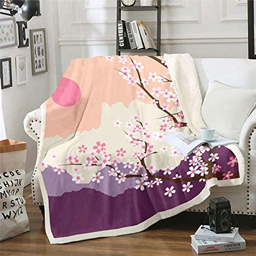 Women's Japanese Cherry Blossom Fuzzy Blanket Sunset Blanket Mountain Plant Branches Ukiyo-E Painting Pink Blossom Sherpa Blanket Warm Blanket for Sofa Bed Office 150 x 200 cm