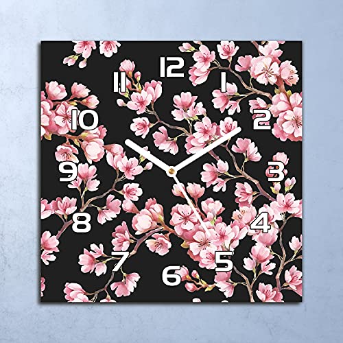 Horloge en verre 30x30 cm fleurs de cerisier à aiguilles noires
