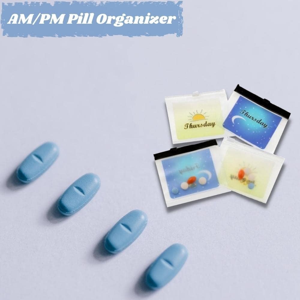 Reusable Plastic Baggies for Am Pm Travel Med Pocket Pharmacy, Color Coded, Pre Labeled Days of The Week Pill Organizer 2 Times A Day for Medicine, Vitamins, 4x3 Inch Zip Closure