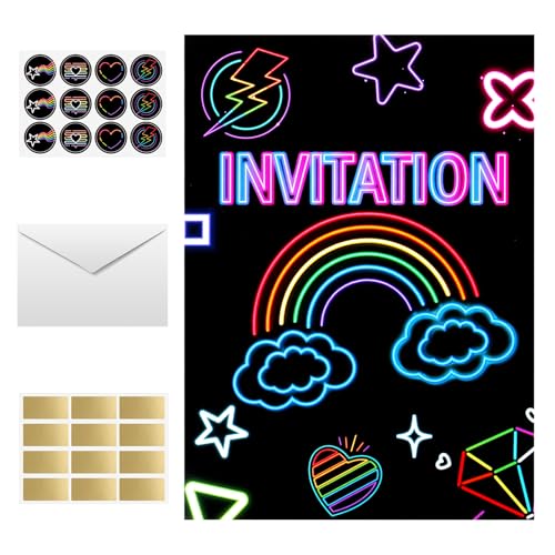 LWMTT 12 Cartes d'Invitation Anniversaire thème Néon,Invitation Créative à Gratter avec Enveloppes,Carte Anniversaire Arc en Ciel,Carte a Gratter et...