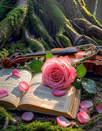 LFYNIORS DIY Cuentas Para Bordar Rosas Y Violín Kits De Bordado De Cuentas De 11 Quilates,Kit De Punto De Cruz Estampado Para Adultos Y Principiantes. 40x50cm