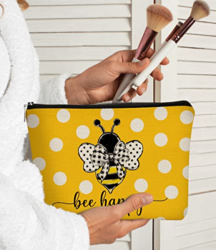 Bee Gift - Bee Themed Gifts for Women Yellow Cute Makeup Bag, Bee Happy Inspirational Bow Dots Honey Bumble Cosmetic Bag Zipper Travel Toiletry Bag, Christmas Birthday Gift for Teen Girls Women2