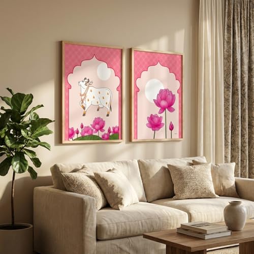 Image of Livin'luxe Set of 2 Pink Kamdhenu Cow Lotus Wall Paintings for Living Room Bedroom Home Decor with Premium Wooden Color Synthetic Frame (13.5 x 19.5 Inch) NM02-58