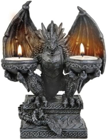 Stone Effect Dragon Double Candle Holder Ornament Gothic Gift Statue Home Decoration 20 cm