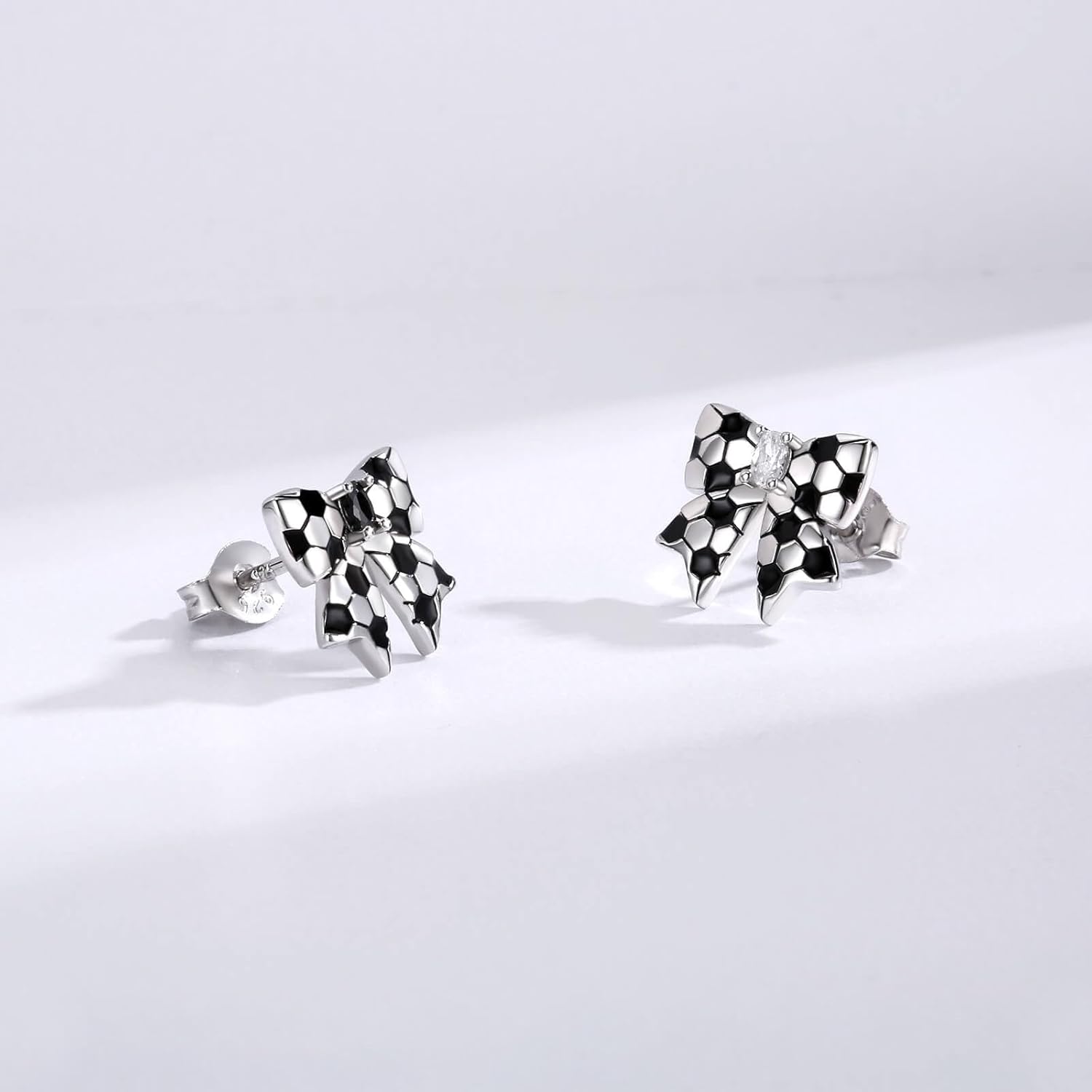 Sterling Silver Soccer Stud Earrings Black and White Bow Border Soccer Earrings for Women Soccer Jewelry Gifts for Sport Lovers Fans