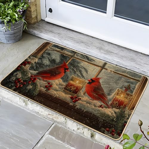 Felpudo de invierno con diseño de cardenal de Navidad, pájaros rojos, para decoración navideña al aire libre e interior, goma impermeable, antideslizante, absorbe el polvo, fácil de limpiar, 73 x 43