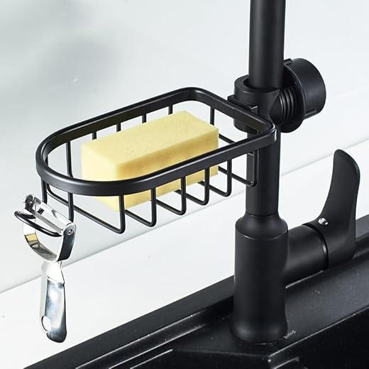 Sponge Holder Over Faucet Kitchen Sink Caddy Organizer, Kitchen Sink Organizer, Dish Cloth Hanger Brush Holder, Black