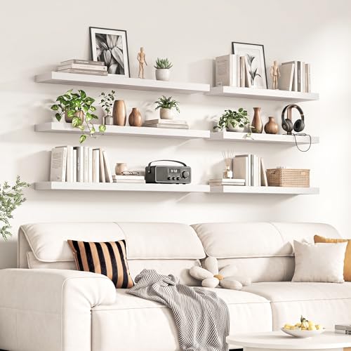 Image of Fun Memories 60Inch Long Floating Shelves, 8 Inch Deep Shelves for Bedroom|Living Room, Wall Mounted Wood Hanging Shelf with Invisible Brackets for Fireplace Mantel Home Storage Decor, White - 1 Pack