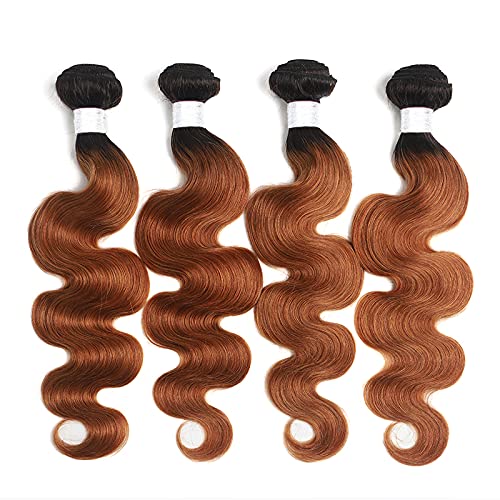 9A Ombre Brazilian Body Wave 4 Bundles (12 12 14 14) 100% Unprocessed Virgin Brazilian Human Hair Extensions Ombre Brazilian Body Weave Human Hair Bundles Remy Hair(T1b/30 Color,60g/bundle)