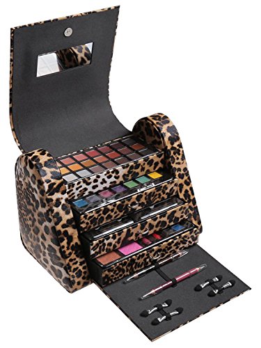 Cameo Cosmetics 86pc Premium Make Up Set with Reusable Brown Leopard Bag - Eye Shadows, Lip Colors, Lip Balms, Face Powders, Blushes, Lip Sticks, Lip Glosses, Pencils, Brush, Applicators