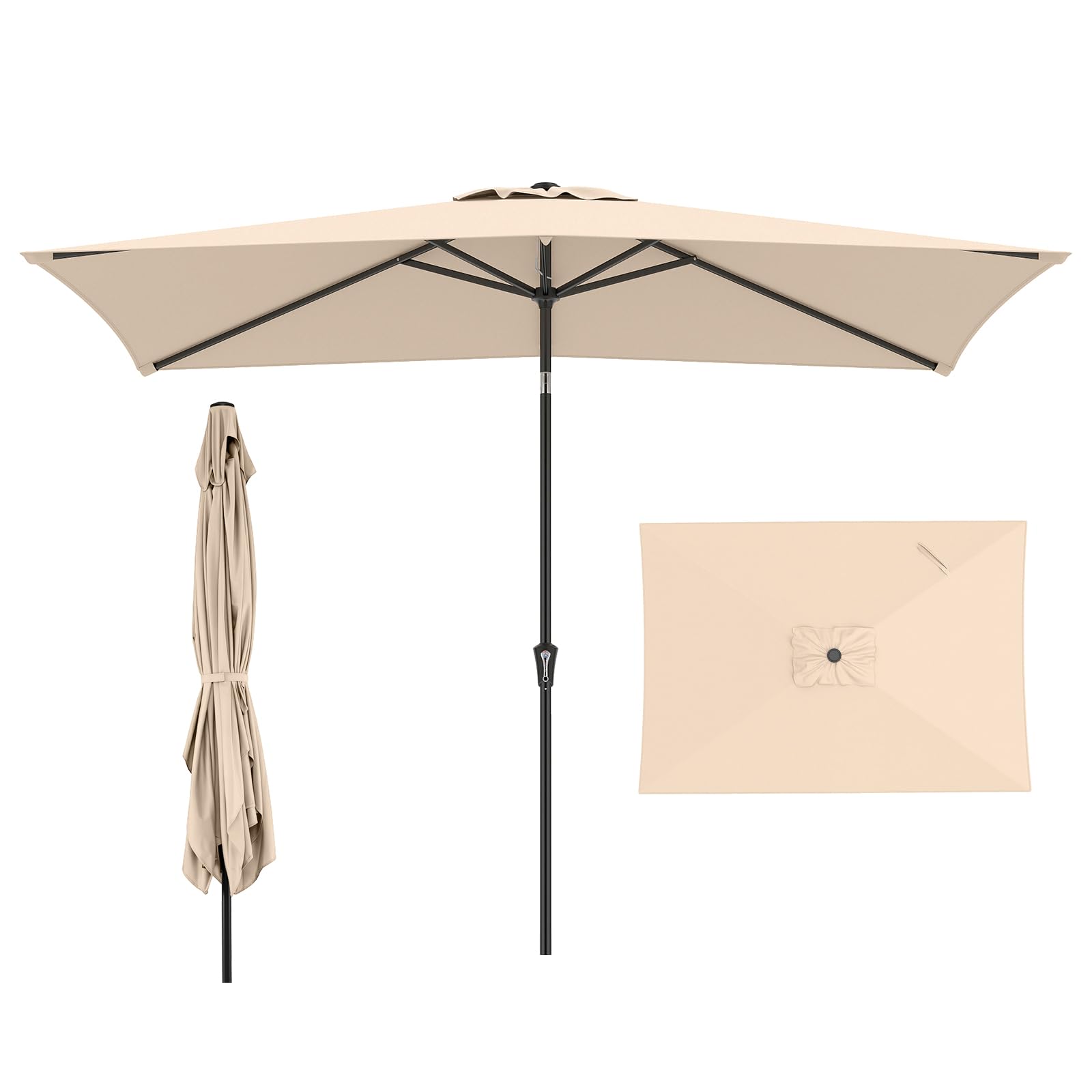 COSTWAY Sonnenschirm 300 x 200 cm, rechteckiger Balkonschirm, beidseitig um 30° knickbar, Gartenschirm mit Kurbel, Terrassenschirm, Marktschirm für Balkon, Garten, Terrasse (Beige)