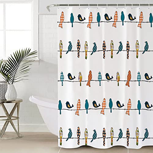 Shower Curtain, Waterproof Shower Curtain Liner, Grey Orange Yellow Buffalo Plaid And Daisy Bird Shower Curtains For Bathroom, Showers Stall & Clawfoot Tub, 60X72In Polyester Fabric Shower Curtain Set #TOP3