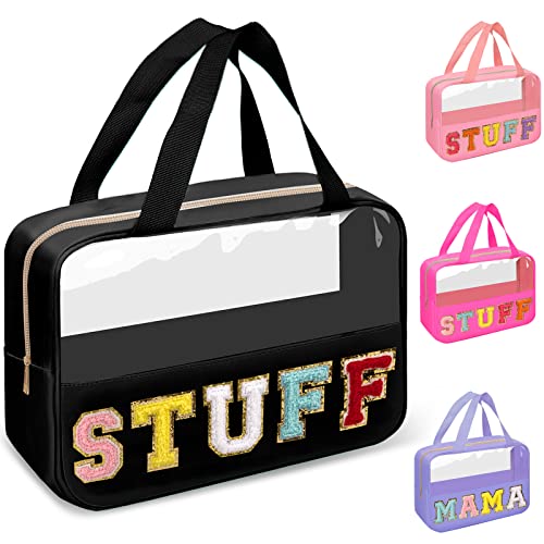 Image of Chenille Letter Clear Makeup Bags Stuff Tote, Preppy Patch Makeup Bag Zipper with Handle, Waterproof PVC & Nylon Portable Glitter Large Cosmetic Travel Toiletry Storage for Women Girls(STUFF-Black)