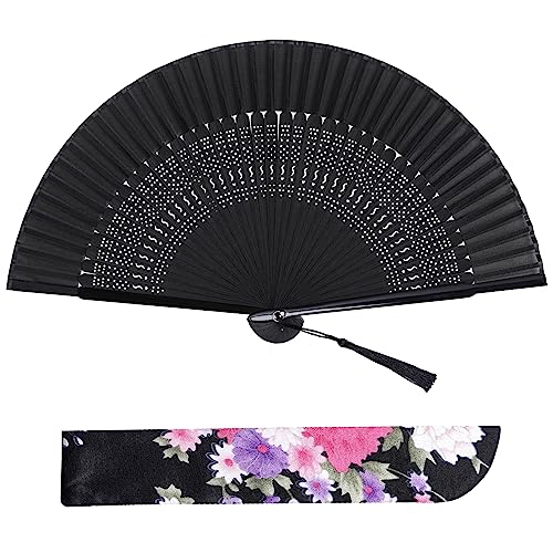 Lystaii 1pcs Folding Hand Fans for Women - Chinese Japanese Bamboo Vintage Silk Black Fan for Church, Gift, Wedding, Party,Dance, Performance, Music Festival