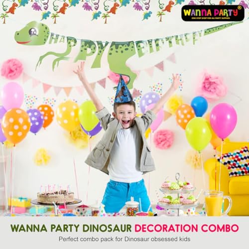 Image of WP WANNA PARTY Dinosaur Theme Birthday Decoration Combo for Dinosaur Party, Jungle Animal Theme Party- Dinosaur Swirl Hanging, Dinosaur Hats and Green,Orange and Blue Balloons-41 Pieces
