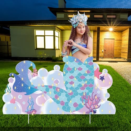 Lineshading Mermaid Tail LED Yard Sign, Ocean Birthday Party Lawn Decor